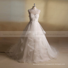 Intellectuality High Collar Lace Beads Sequin Flowers Tiered Long Train Wedding Gown